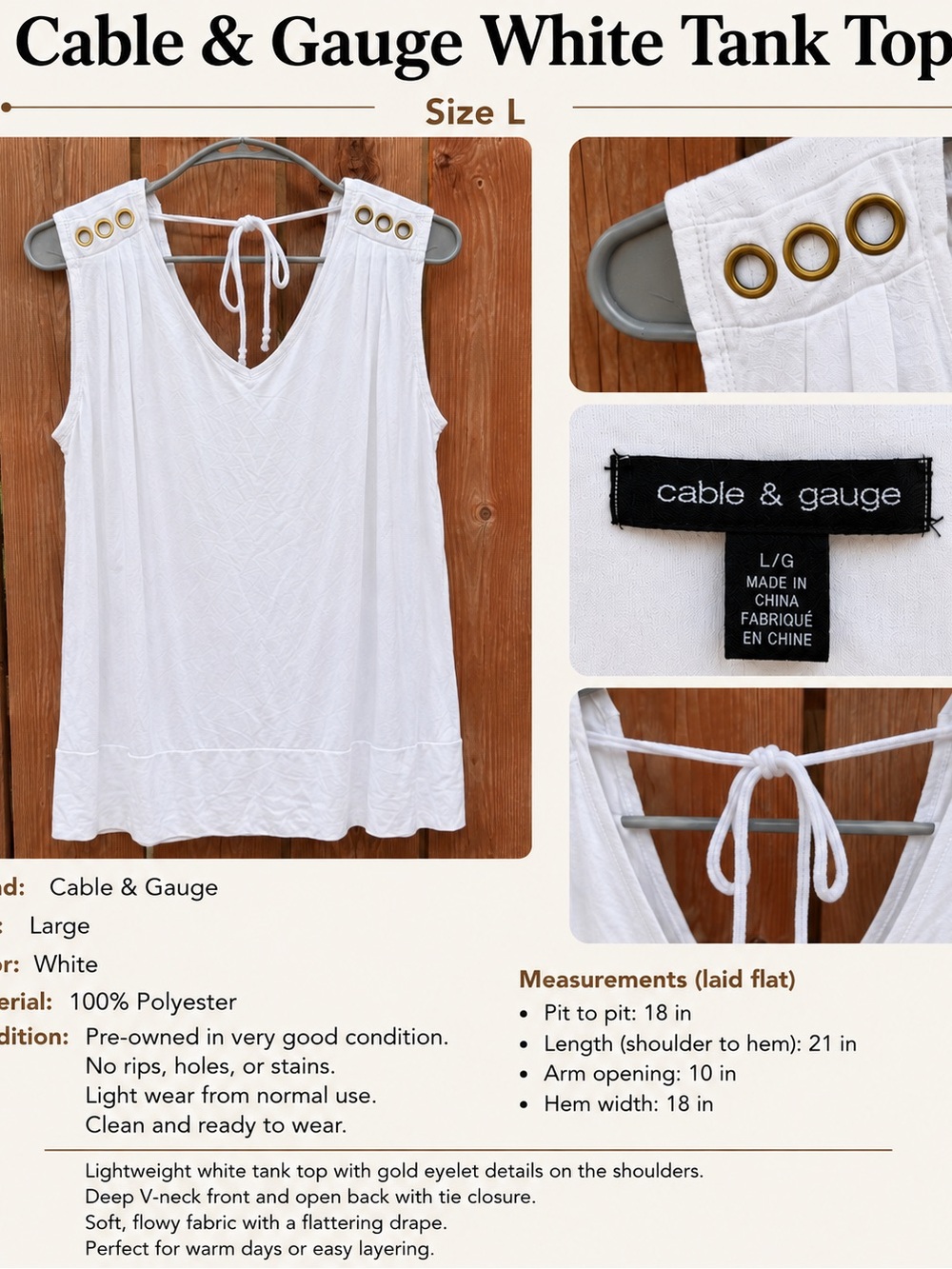 Cable & Gauge White Tank Top with Gold Eyelet Accents